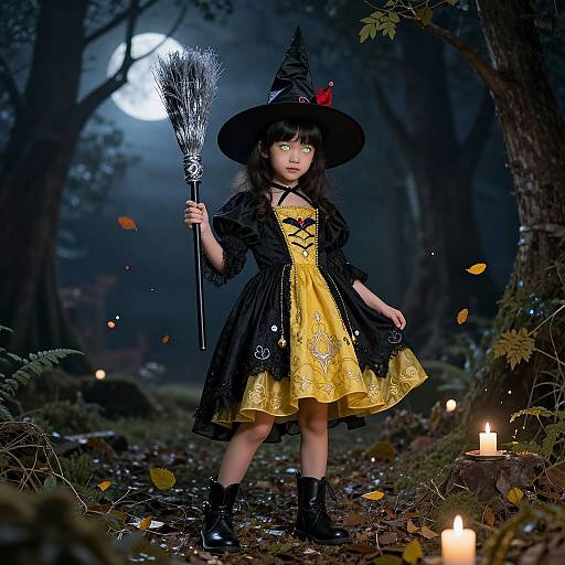 Photograph of a young girl in a yellow witch dress, black hat, and boots, holding a broomstick, standing in a moonlit forest