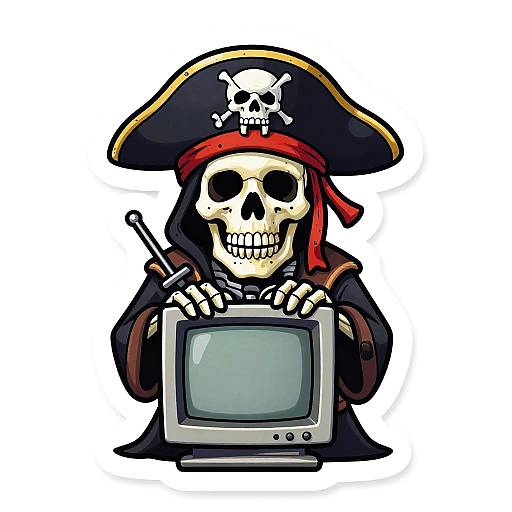 Cartoon pirate skull in tricorn hat and red bandana, holding TV and sword, white background, colorful digital illustration.