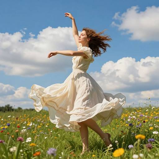 Photograph of a young woman with flowing brown hair in a white dress, dancing in a vibrant meadow of colorful wildflowers under a bright blue sky