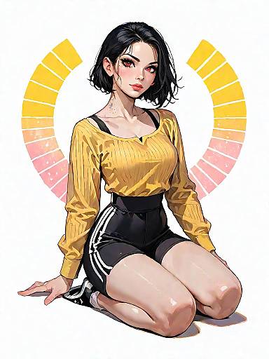 Sporty Woman in Mustard Yellow Sweatshirt and Black Cycling Shorts