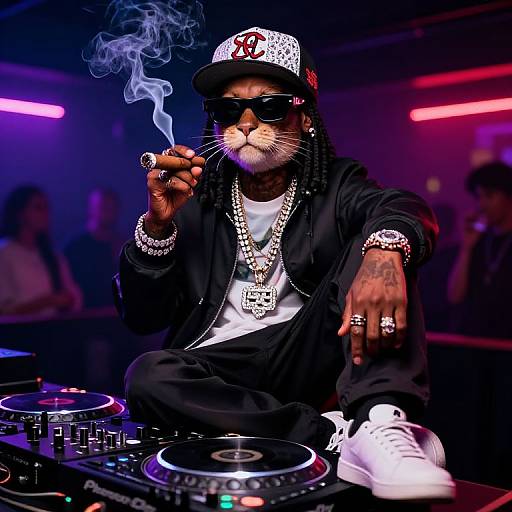 Photograph of a Black DJ with dreadlocks, sunglasses, chain necklaces, and a baseball cap, smoking a cigarette while mixing music.