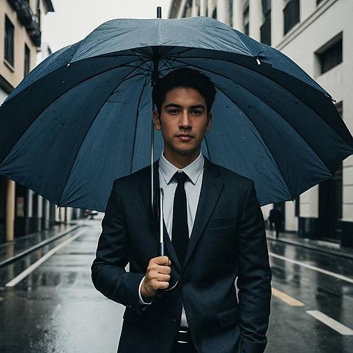 Photograph of a young man in a black suit and tie, holding a large black umbrella on a rainy city street.