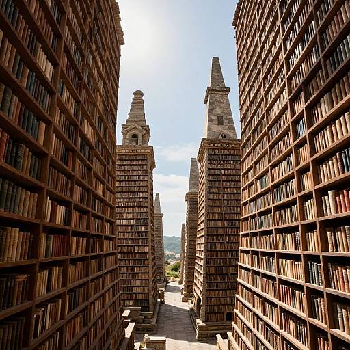 Photograph of a sunlit, narrow library aisle flanked by towering, red-brown, book-filled shelves, with two stone spires at the