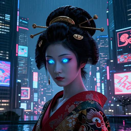 Cyberpunk-style digital art: Pale Asian woman with glowing blue eyes, black hair in intricate updo, gold hairpins, red floral kimono