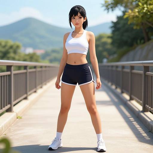 Digital art of an athletic Asian woman with black hair, wearing a white sports bra, black shorts, white socks, and sneakers, standing on a sun