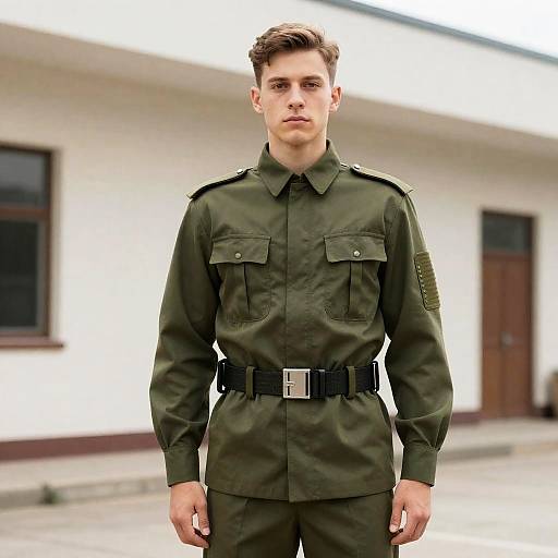 Soldier in Uniform by Building