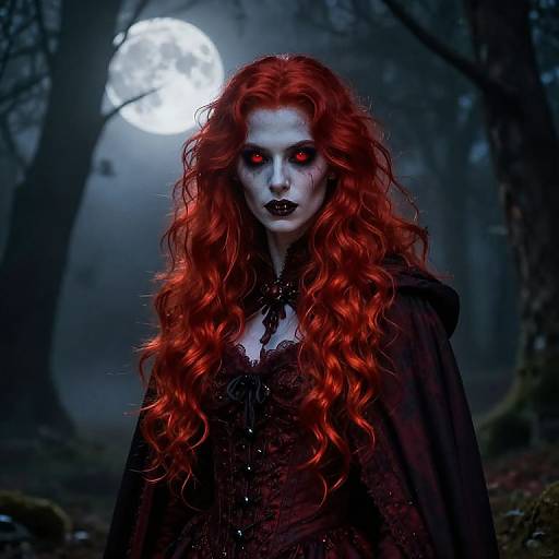 Digital artwork of a pale woman with long, fiery red hair, glowing red eyes, black lipstick, and dark gothic attire, standing in a moon