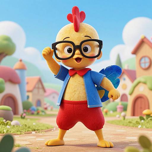 CGI image of a cheerful, yellow chick with red crest, black glasses, blue shirt, red shorts, and blue feather, standing in a colorful