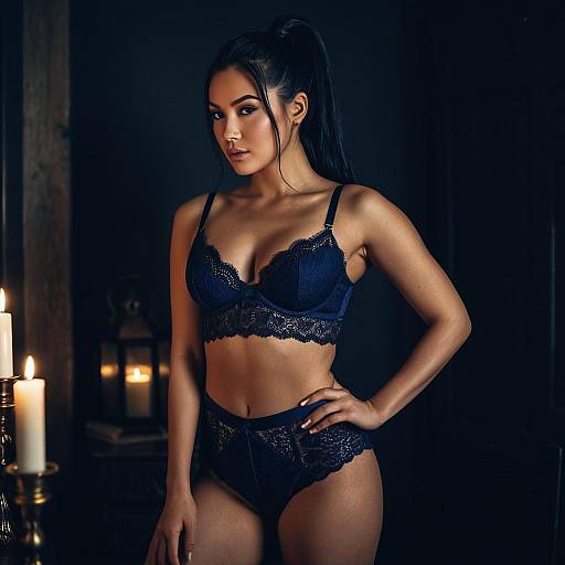 Woman in Navy Blue Lace Lingerie with Candlelight