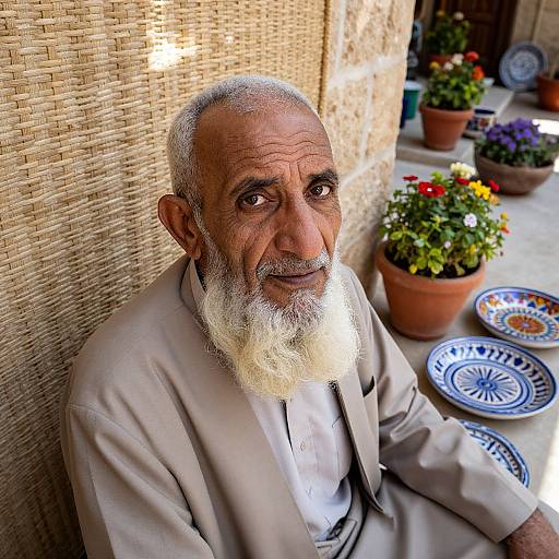 Photograph of an elderly man with a white beard and gray hair, wearing a beige suit, sitting against a woven wall, surrounded by potted plants