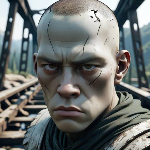 Fierce Bald Warrior with Scars on Bridge