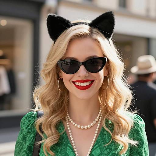 Chic Woman in Cat Ears and Sunglasses