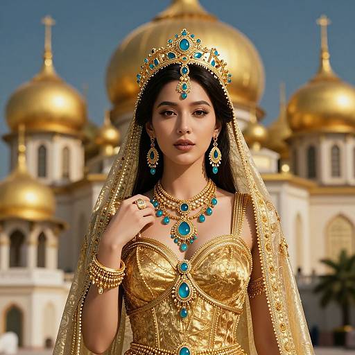 Photograph-style digital art of an Indian woman in ornate gold traditional attire with turquoise jewelry, standing in front of a golden-domed mosque under a