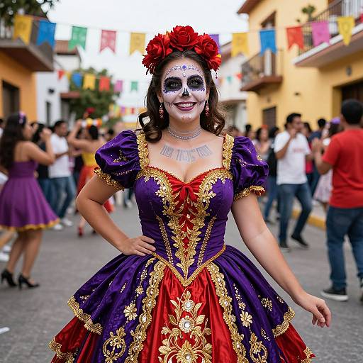 Photograph of a smiling woman in a vibrant Day of the Dead costume, featuring a purple and red dress with gold embroidery, white face paint, and