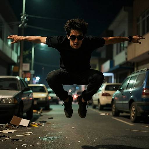 Man Jumping in Urban Street at Night