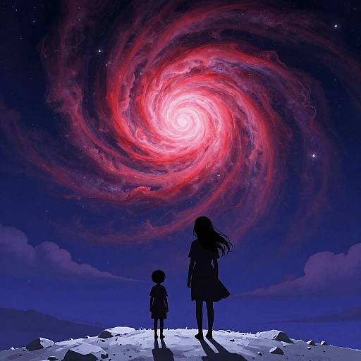 Silhouetted Figures Under Vortex Sky