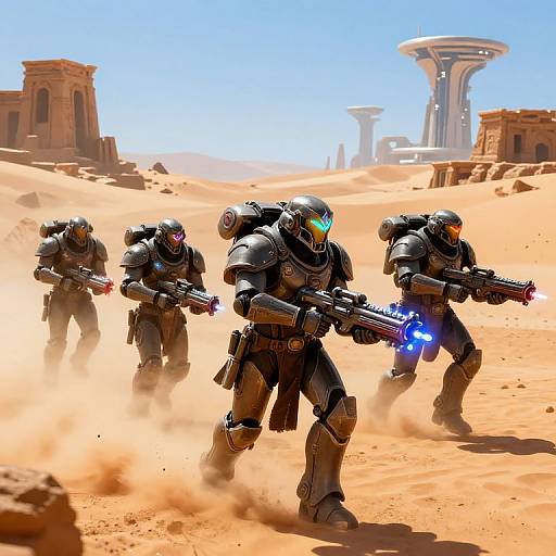 Digital art of three armored, futuristic soldiers with glowing visors and rifles, running through a sandy, desert-like alien landscape with tall, cylindrical structures in
