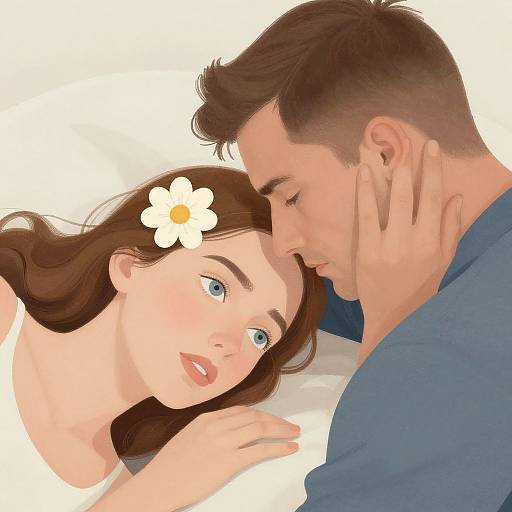 Digital illustration of a brown-haired woman with blue eyes and a white flower in her hair, lying beside a brown-haired man in a blue shirt, who