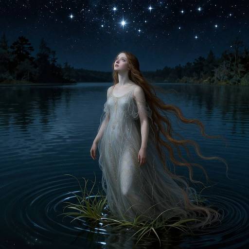 Fantasy photograph of a fair-skinned woman with long, flowing brown hair, wearing a translucent, wet, white dress, standing in a starlit