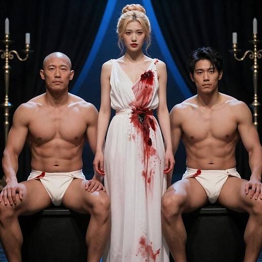 Blood-Stained Ritual: Three-Figure Staged Portrait Scene