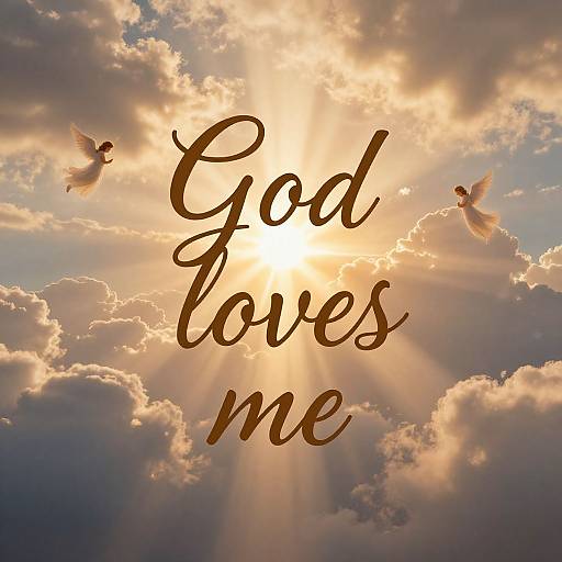 Photograph of a sunlit sky with golden rays, fluffy clouds, and three white angelic birds. Bold brown cursive text reads 