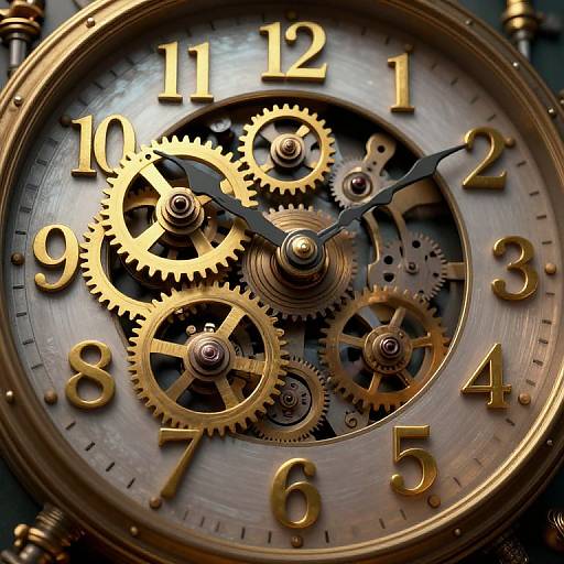 Close-up photograph of a detailed, vintage-style clock with brass gears, golden numerals, and black hands, set against a dark background.