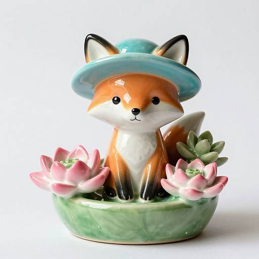 Cute ceramic fox figurine with a blue hat, sitting in a green pot filled with pink and green succulents.