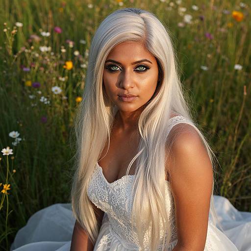 Photograph of a stunning blonde woman with long, platinum hair, blue eyes, and tan skin, wearing a white lace dress, sitting in a sun