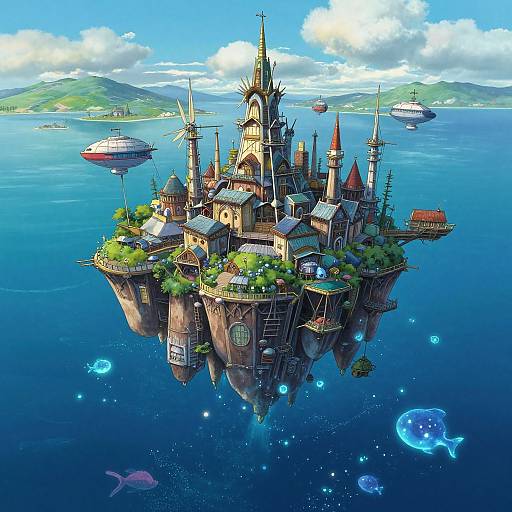 Digital art of a floating, fantasy island castle with spires, surrounded by blue water, glowing jellyfish, and futuristic airships under a bright sky