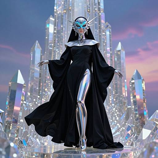 Cyber-nun with metallic limbs, blue glowing helmet, and black cloak stands confidently in front of a crystalline, futuristic cityscape. Digital artwork