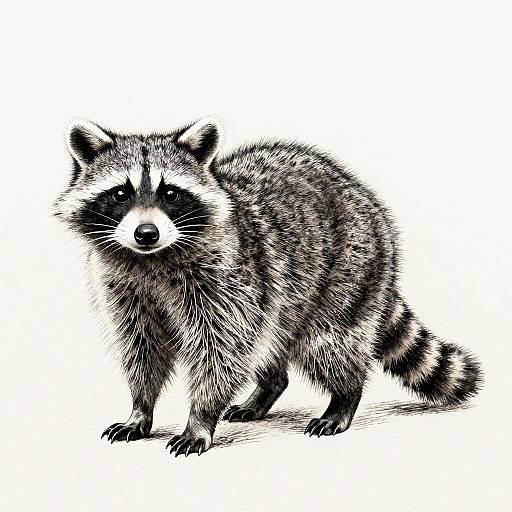 Black-and-white digital illustration of a standing raccoon with detailed fur texture, black mask, and striped tail, against a white background.
