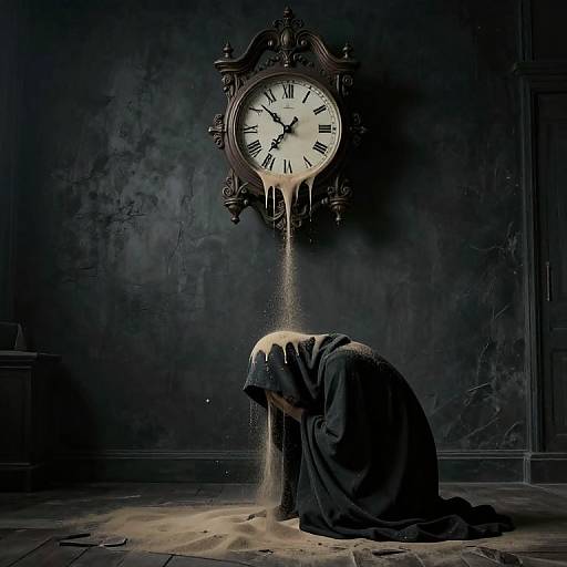 Photograph of a dark, eerie scene with a person in a black hooded cloak kneeling, head bowed, as a clock above drips white liquid