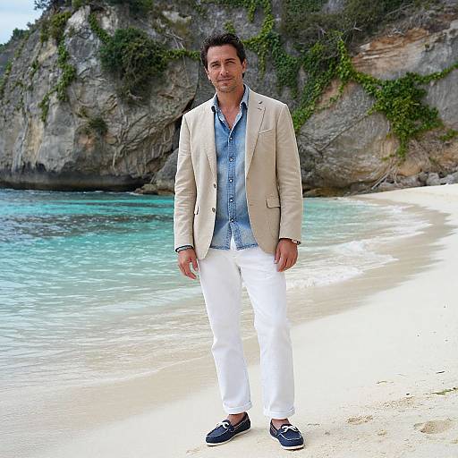 Photograph of a smiling man in a beige blazer, blue shirt, white pants, and black shoes standing on a tropical beach with turquoise water and