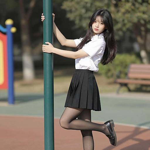 Young Asian Woman Climbing Pole in Park