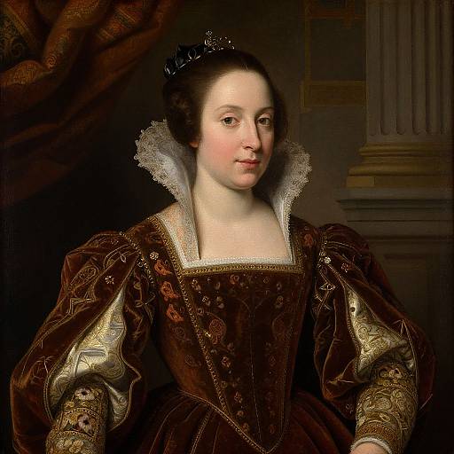 17th-century oil painting of a pale-skinned woman with dark brown hair, wearing an ornate dark brown dress with gold embroidery, white lace collar