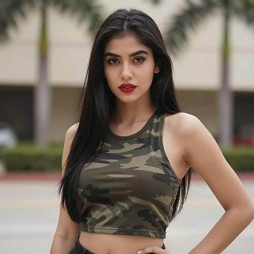 Confident Woman in Camouflage Top