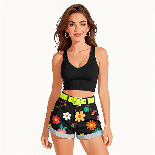 Digital illustration of a smiling woman with long brown hair, wearing a black crop top, yellow belt, and floral black shorts.