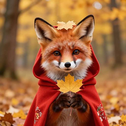 Photorealistic digital image of an adorable red fox wearing a red hooded cloak, holding an autumn leaf, with golden leaves in the background.