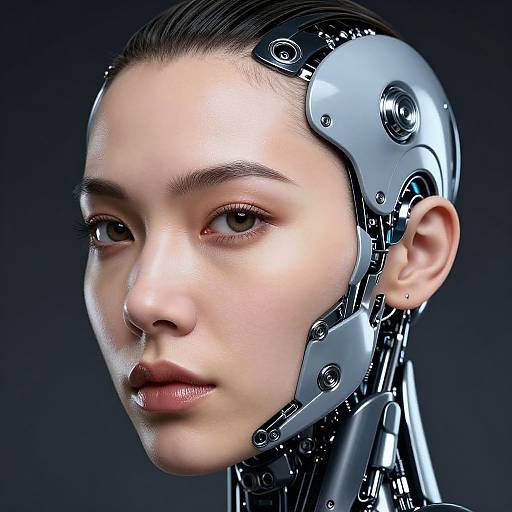 CGI portrait of a young Asian woman with a cybernetic head, featuring shiny metallic components, smooth skin, and a neutral expression. Dark gradient