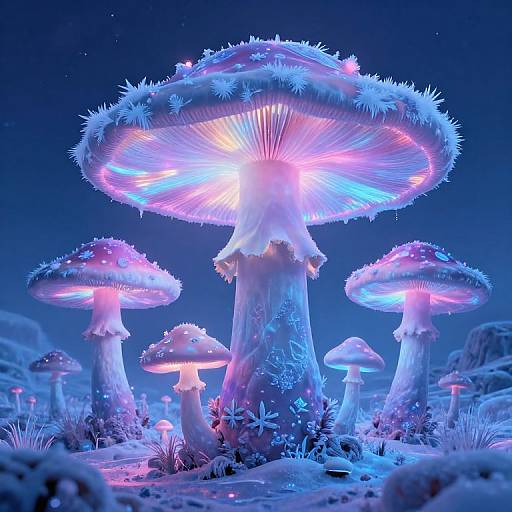 Digital artwork of glowing, bioluminescent mushrooms with vibrant pink, blue, and purple lights, set against a starry, nighttime sky.
