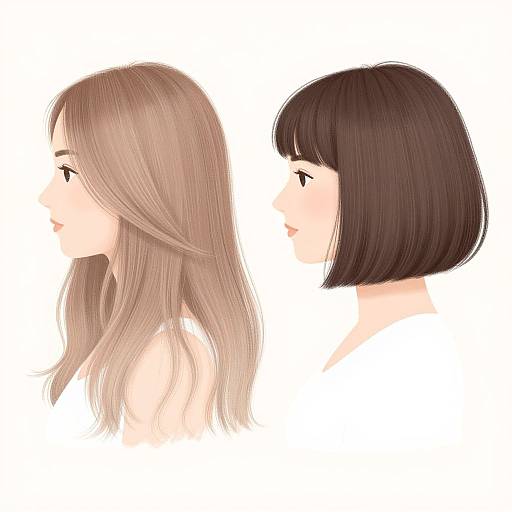Digital illustration of two anime-style women in profile, one with long, light brown hair, the other with a short, dark brown bob. White background