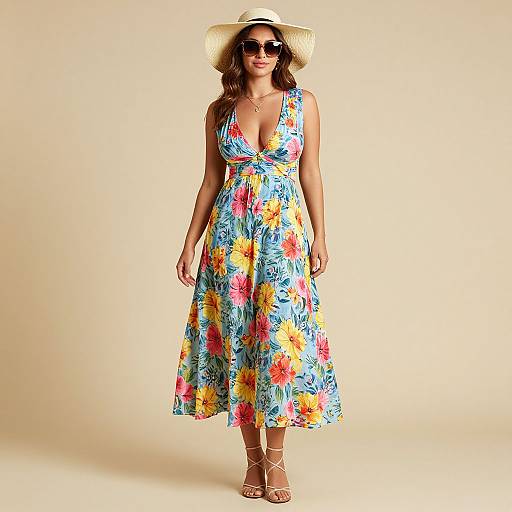 Photograph of a woman in a vibrant, floral-patterned, blue sundress with a deep V-neck, wide-brimmed straw hat, and