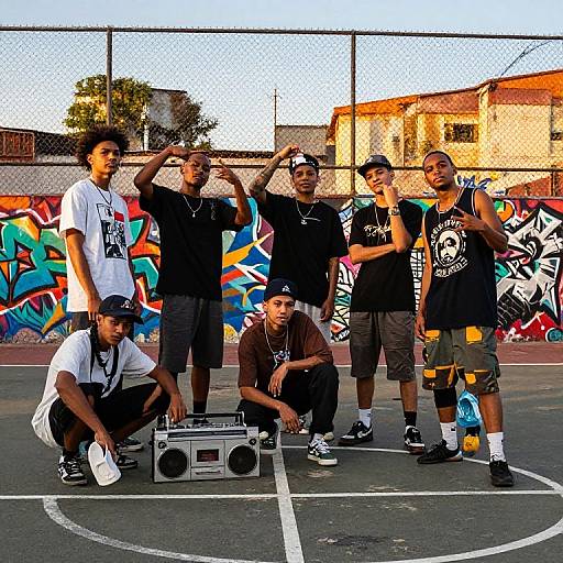 Photograph of six young men in urban streetwear, posing with hands on heads, around a boombox on a graffiti-covered basketball court.