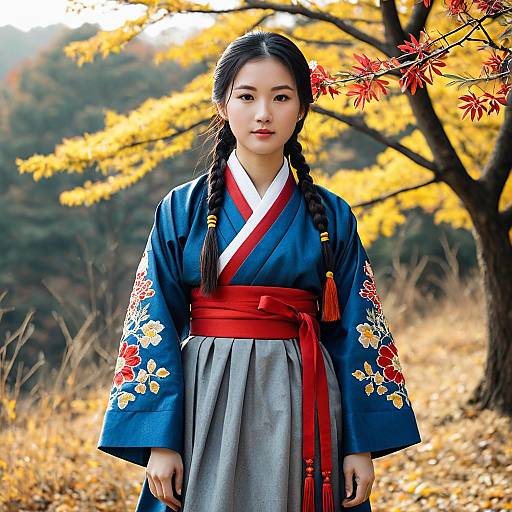 Young Woman in Traditional Korean Hanbok in Autumn
