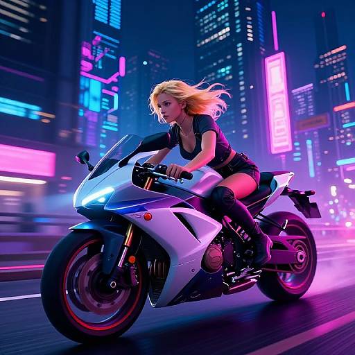 Blonde woman in black outfit rides white motorcycle through neon-lit, futuristic cityscape at night, with vibrant pink and blue lights.