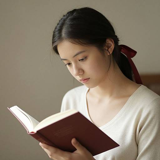 Photograph of a young Asian woman with black hair in a red ribbon, wearing a white blouse, intently reading a maroon book. Soft natural