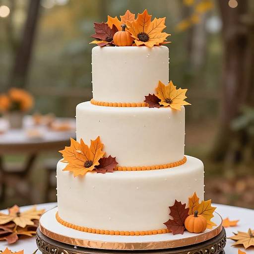 Photograph of a three-tiered white cake adorned with orange and brown autumn leaves, small pumpkins, and orange ribbon borders, set outdoors in a