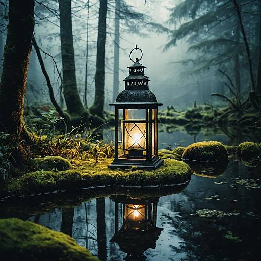 Wrought Iron Lantern in Forest Pond