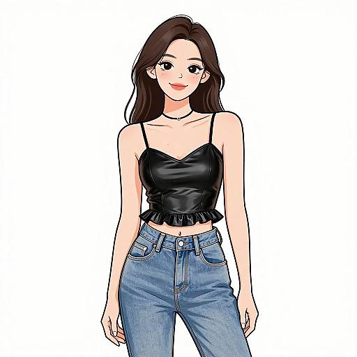 Digital anime-style drawing of a smiling Asian woman with long brown hair, wearing a black lace-trimmed camisole and blue jeans.
