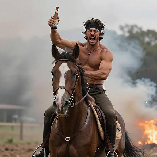 Intense Horse Rider Amidst Smoke and Fire
